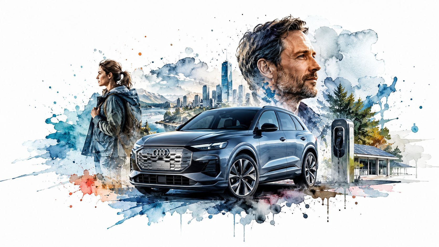 A modern Audi Q6 e-tron SUV with a man and woman in a stylized, artistic watercolor background.