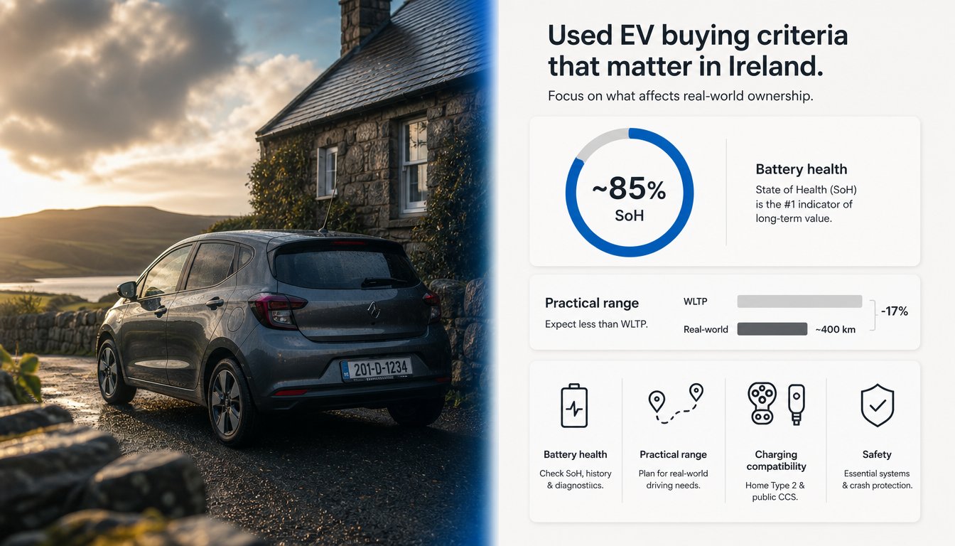 A clean infographic for choosing a small electric car in Ireland, showing four core criteria: battery health, practical 