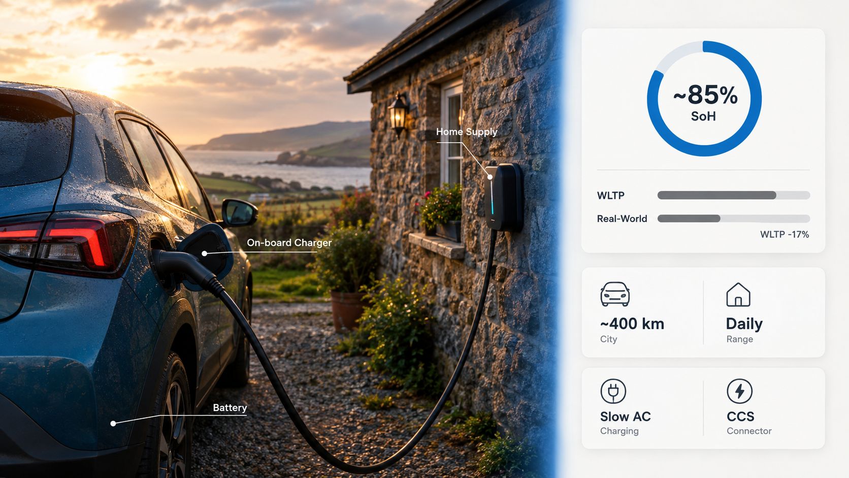 An electric car charging at home with a dashboard showing battery status, range, and charging specifications.