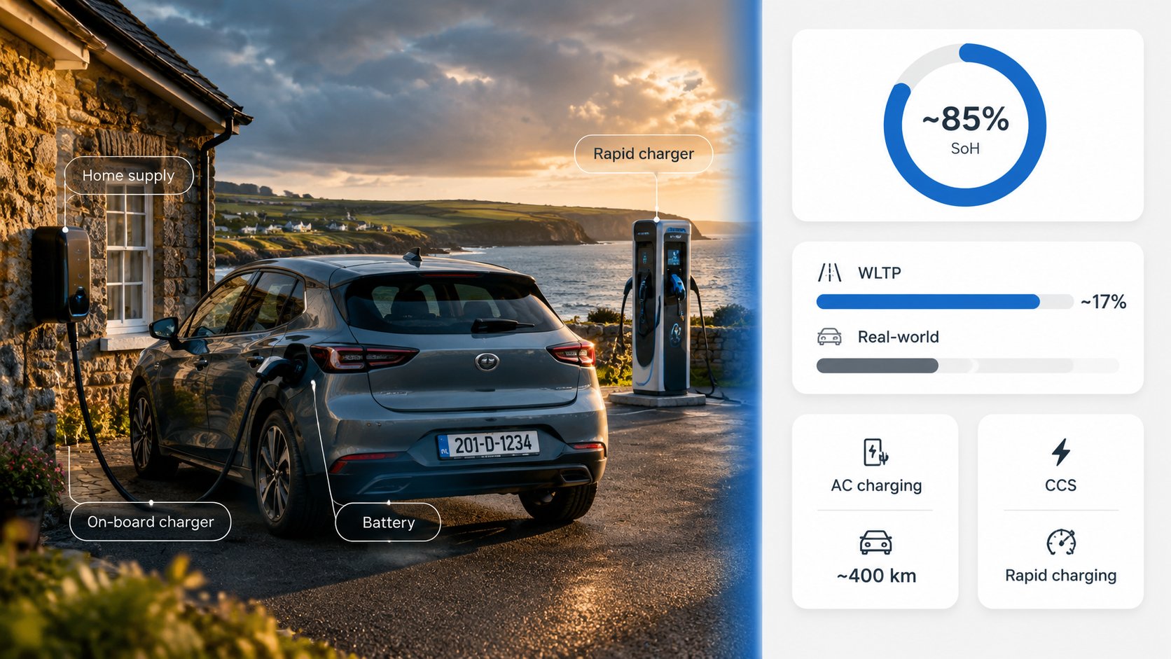 An informative scene about electric vehicle charging performance and running costs in Ireland, showing a compact electri