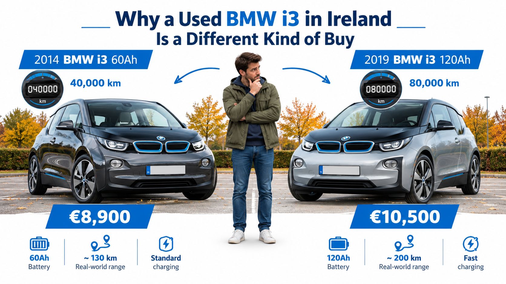 A man stands between a 2014 and 2019 used BMW i3 comparing features and pricing for Irish buyers.