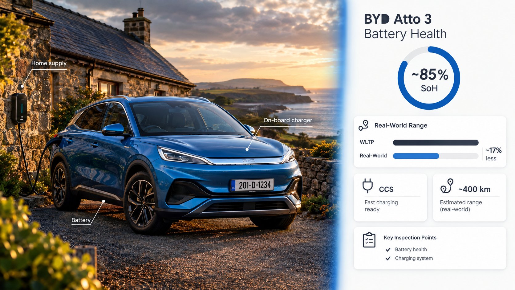 An infographic for a used BYD Atto 3 battery health section in Ireland, showing a compact electric SUV, a battery State 