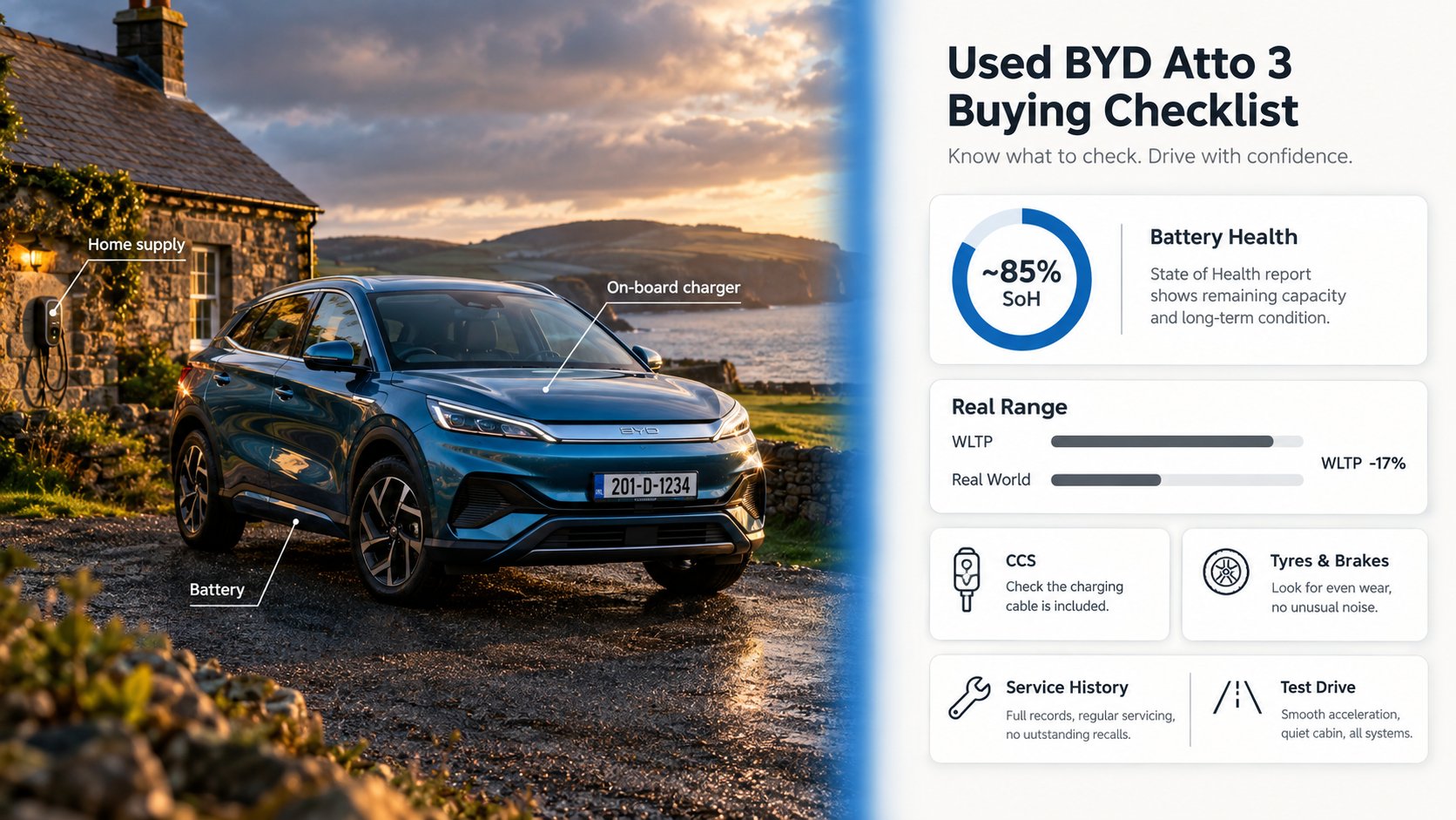 A practical used BYD Atto 3 buying checklist image for Irish EV shoppers, showing a BYD Atto 3 beside a clean checklist 