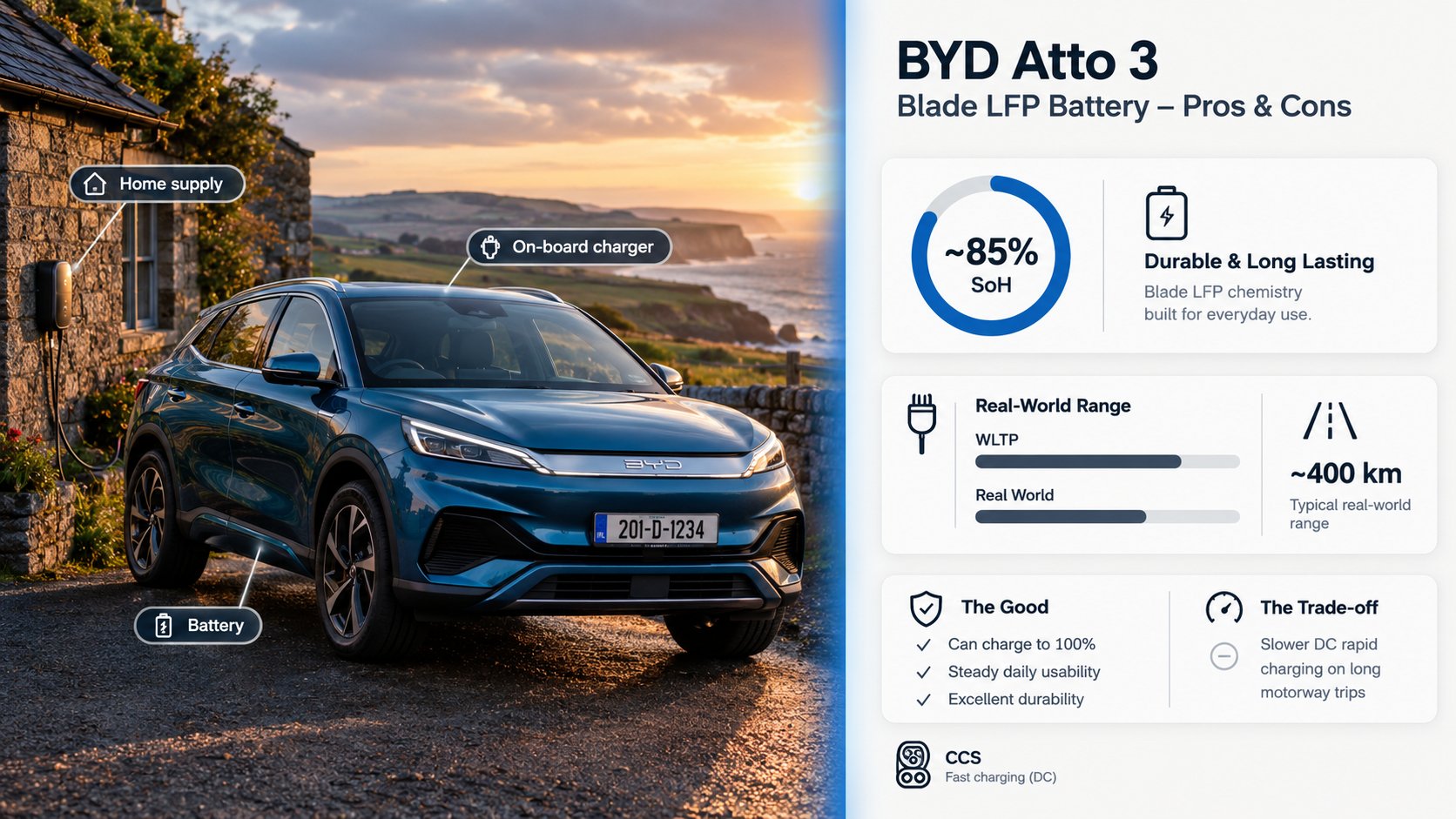 A clear comparison image for a used BYD Atto 3 buyer's guide in Ireland, showing Blade LFP battery pros and cons side by