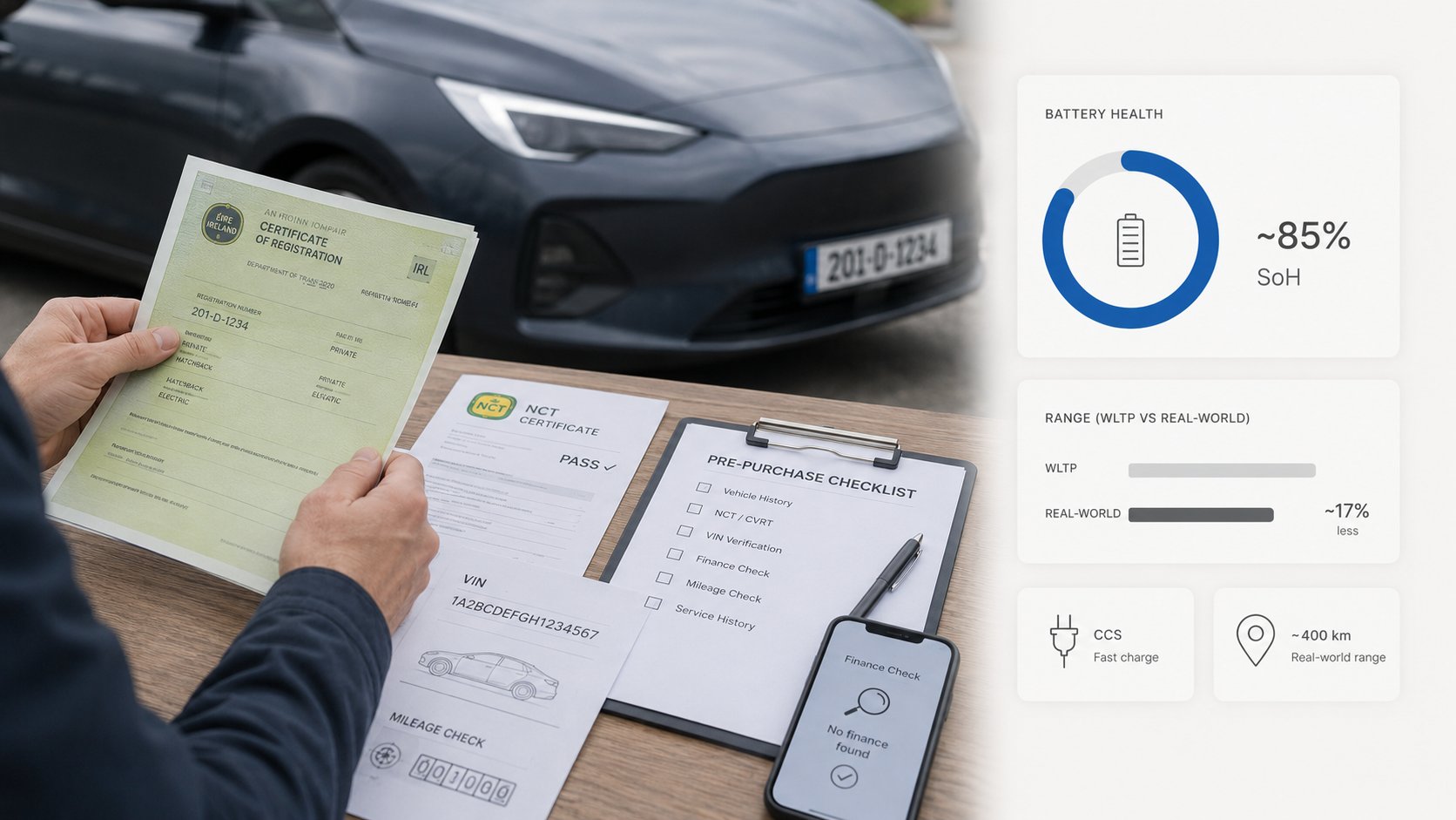 A clear checklist scene for paperwork and history checks when buying a used car in Ireland, showing a buyer reviewing a