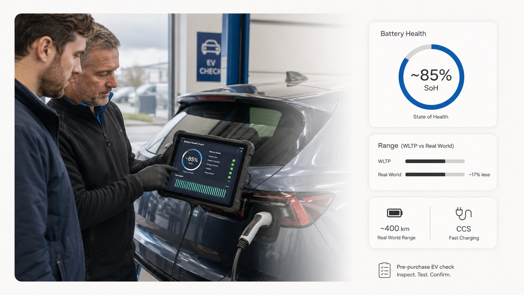 A practical EV inspection scene for a used car buying guide in Ireland, showing a buyer and technician checking an elect