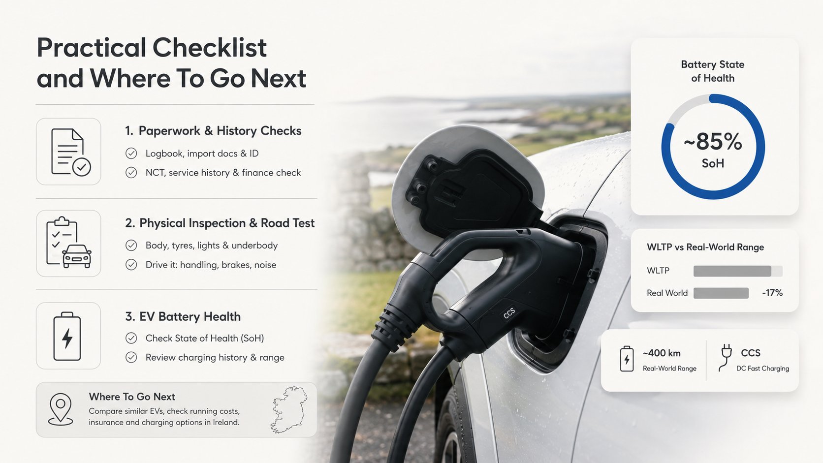 An infographic for a used car buying guide in Ireland titled Practical Checklist and Where To Go Next, showing three cle