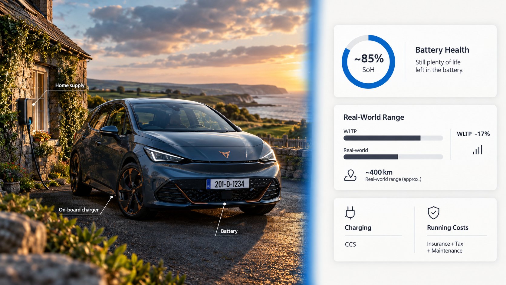 An informative scene about real-world ownership costs for a used Cupra Born in Ireland, showing a modern electric hatchb