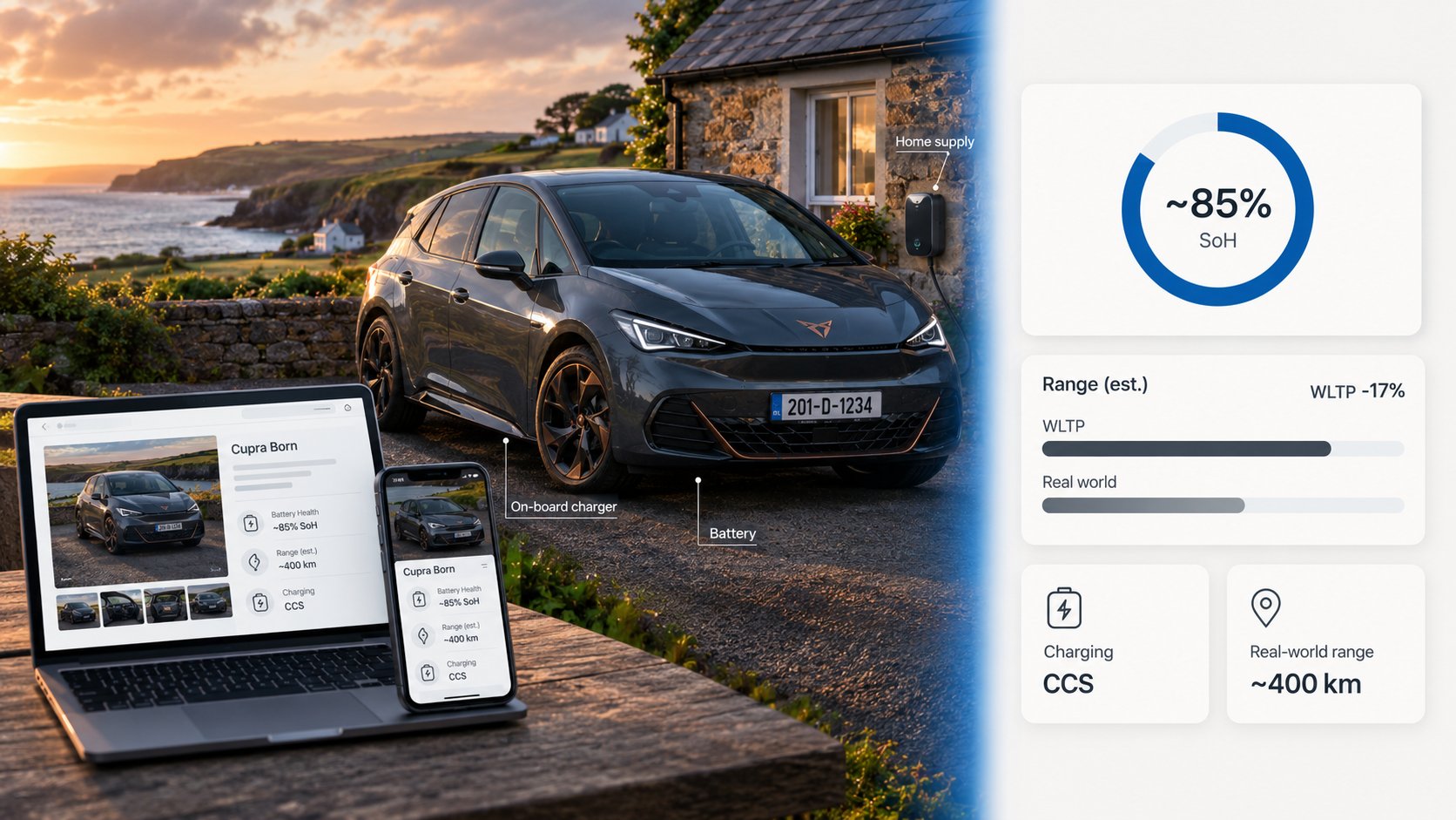 A realistic promotional scene for an Irish EV marketplace, showing a laptop and phone displaying a used Cupra Born listi