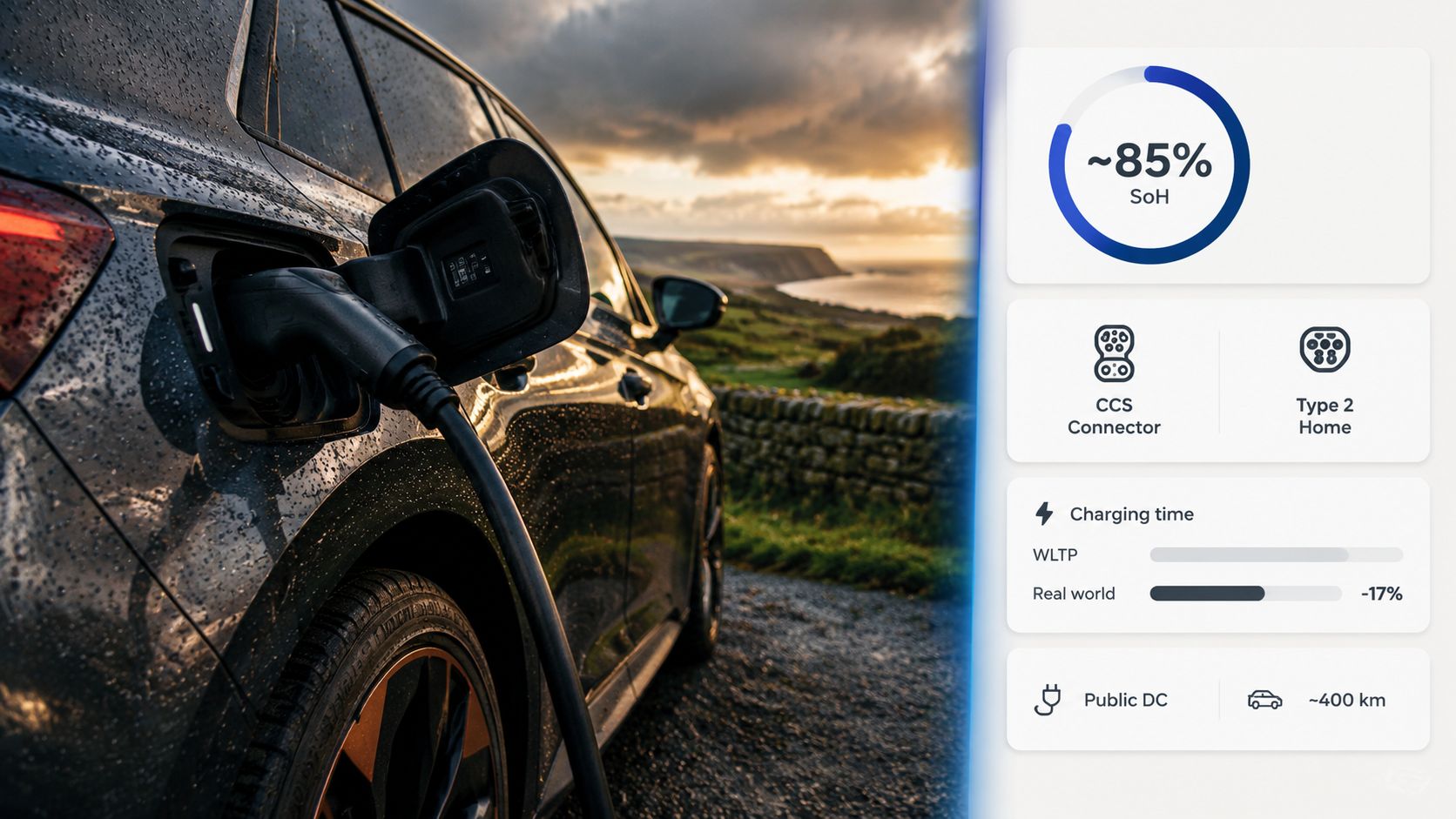 A Cupra Born electric vehicle parked by the coast while charging with its battery status visible.