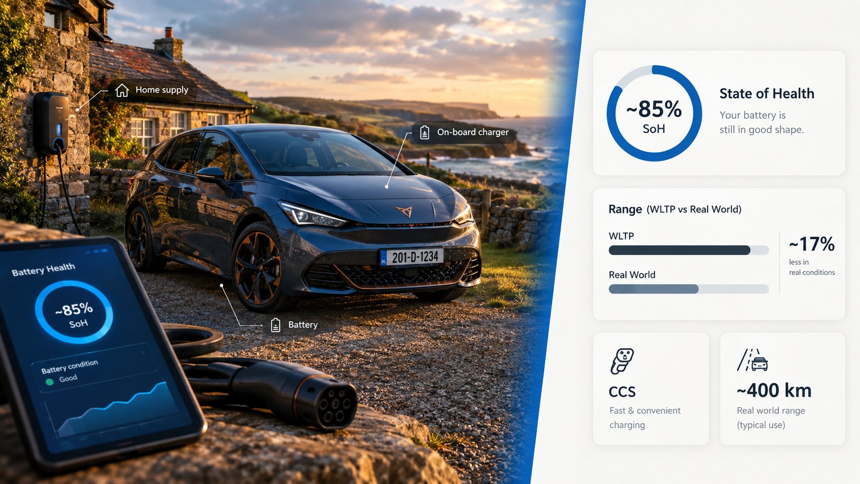 An informative scene about verifying battery health on a used Cupra Born in Ireland, showing a modern electric hatchback