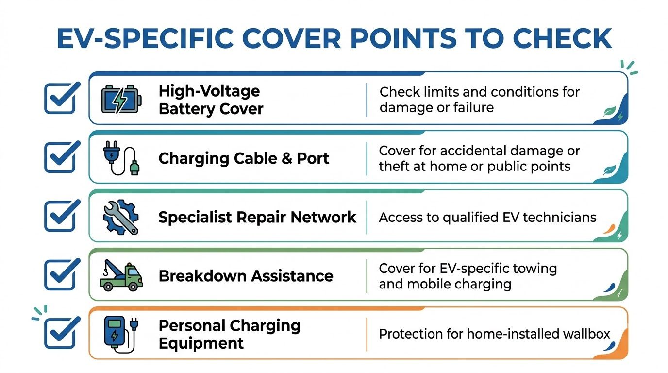 A checklist infographic outlining five key coverage points to check when buying electric car insurance.