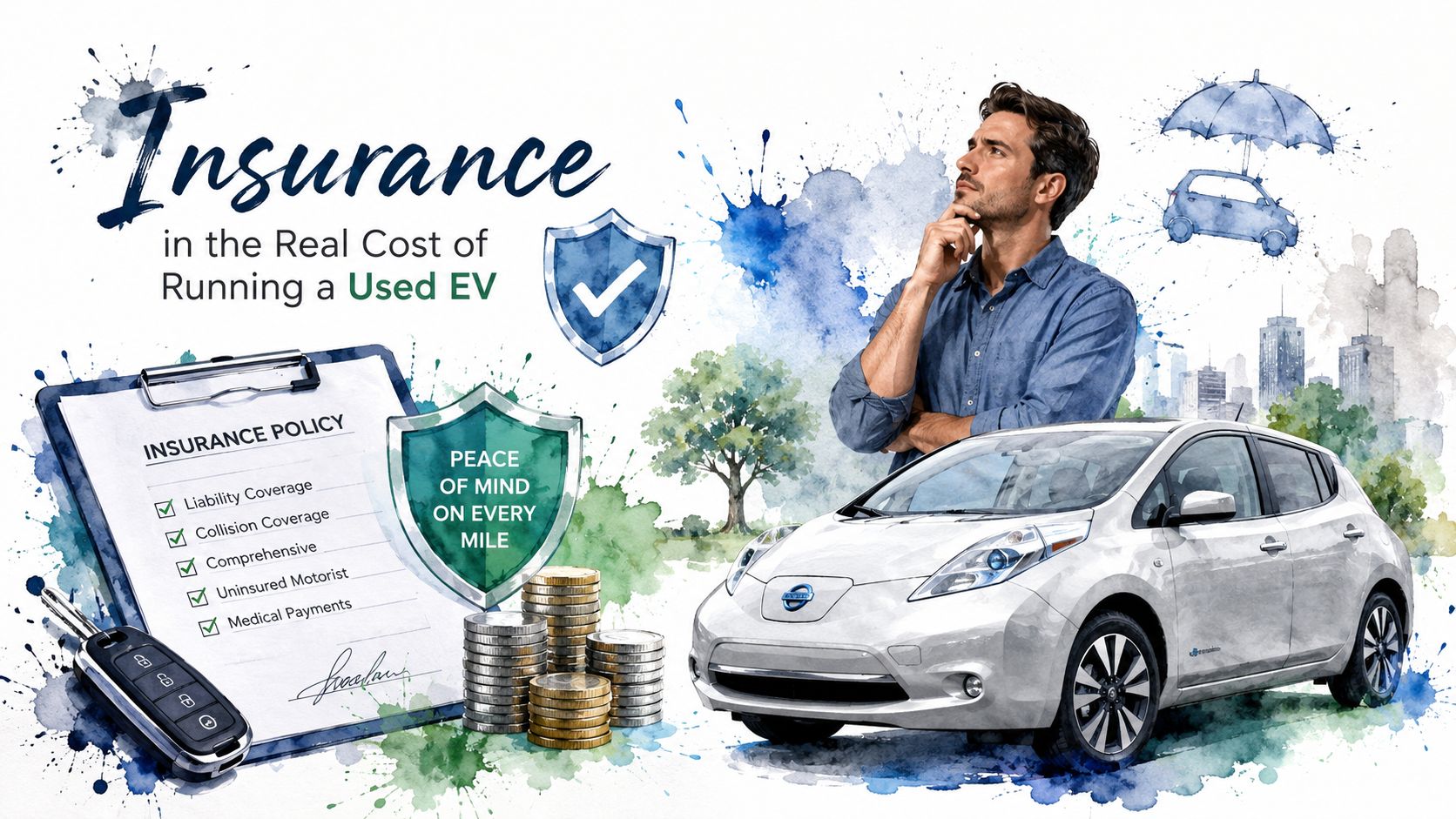 A man considers car insurance for his used electric vehicle, featuring an insurance policy document and coins.