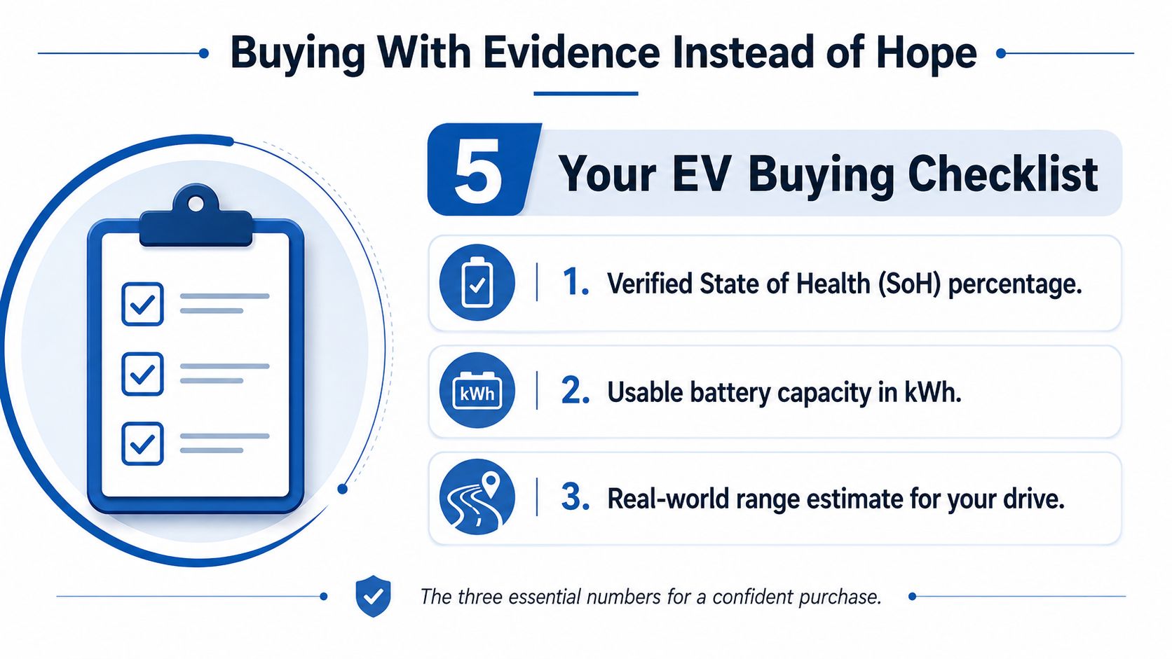 An infographic checklist for buying an electric vehicle, highlighting battery health, capacity, and real-world range.