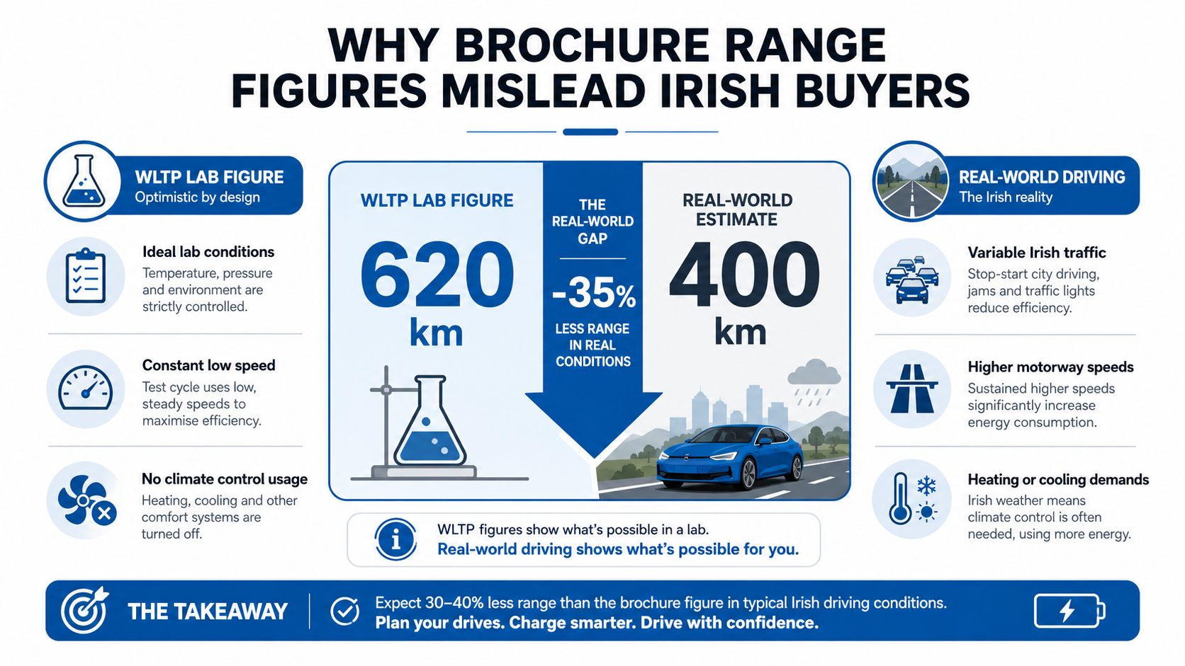 An infographic comparing electric vehicle range figures from lab tests against real-world Irish driving conditions.
