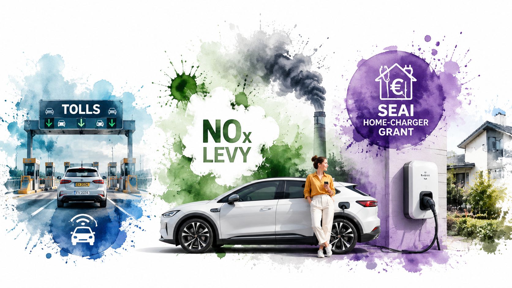 A conceptual illustration highlighting electric vehicle incentives in Ireland, including toll discounts, NOx levies, and charging grants.