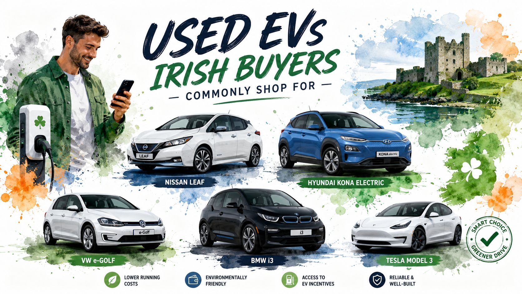 An infographic showing popular used electric cars for sale in Ireland including Nissan, Hyundai, VW, BMW, and Tesla.