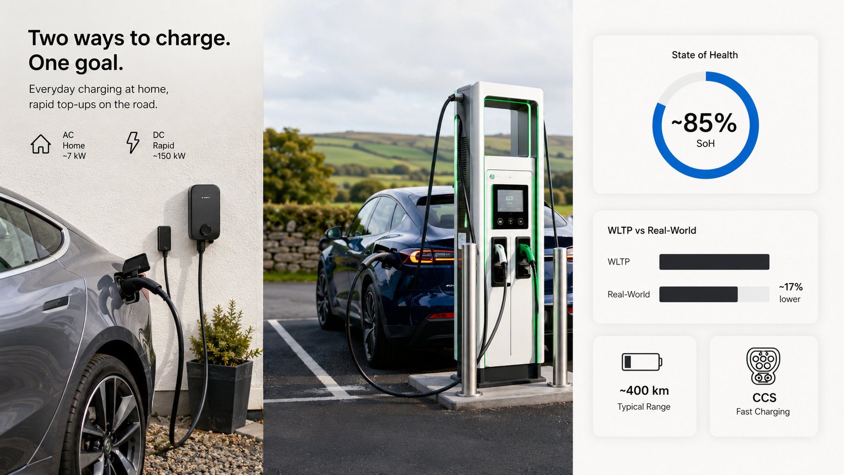 An electric vehicle charging comparison scene in Ireland, showing a clear visual distinction between AC home or destinat