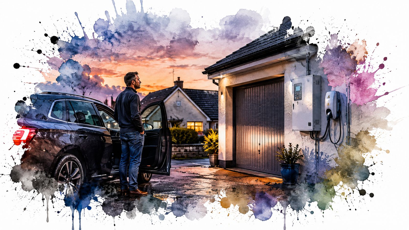 A man stands beside his electric vehicle parked in a residential driveway near a home EV charger station.