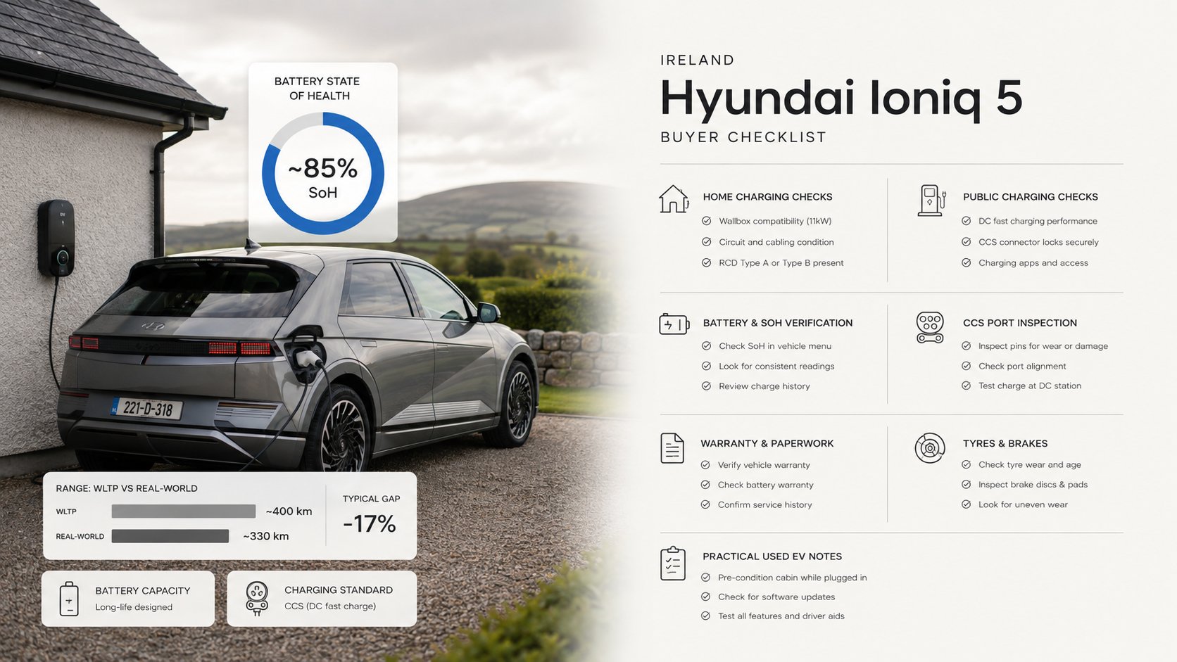 An infographic checklist for Hyundai Ioniq 5 buyers in Ireland, showing home charging checks, public charging checks, ba