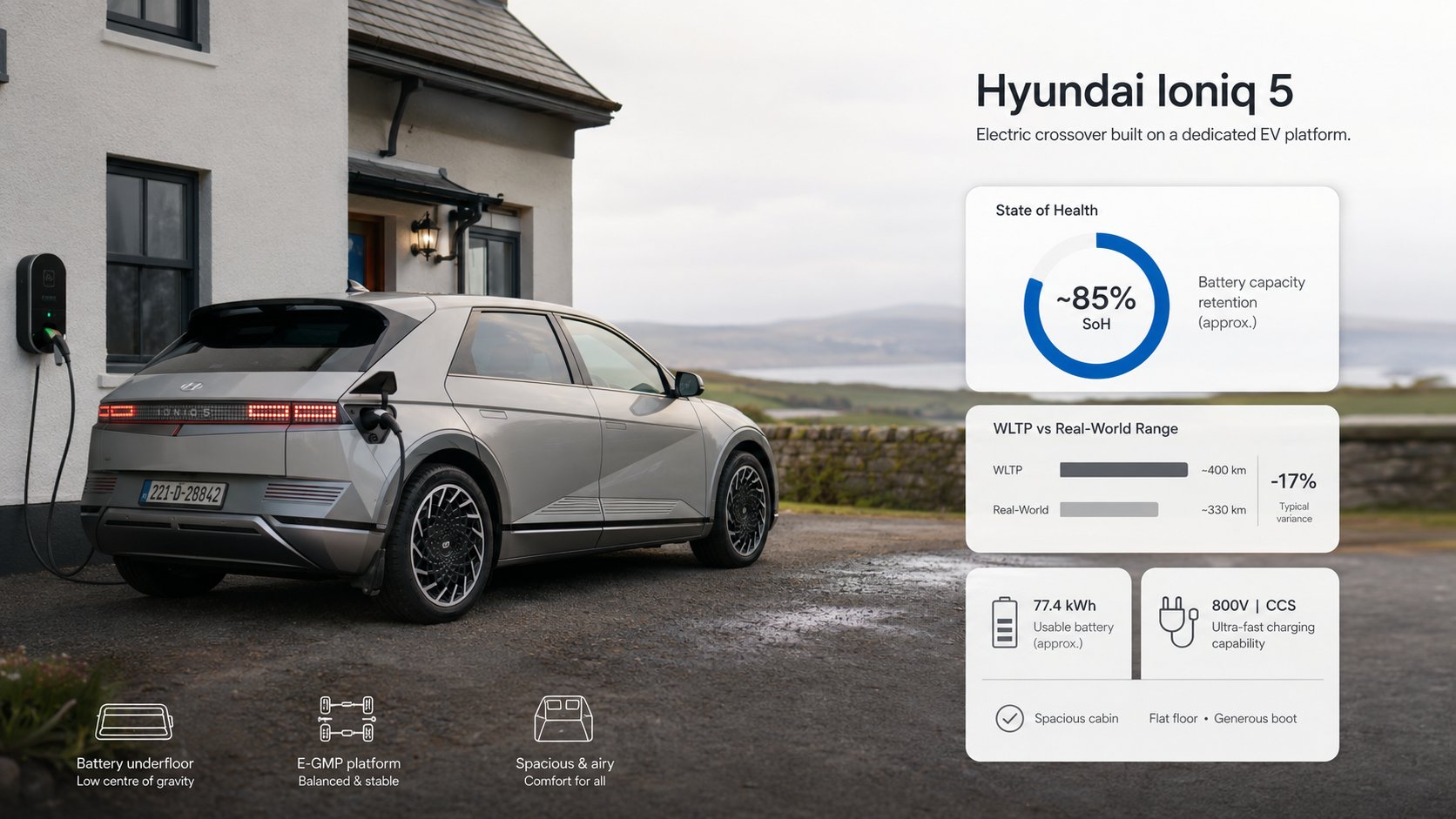 A Hyundai Ioniq 5 parked in Ireland with a clear visual emphasis on its EV platform features, battery underfloor layout,