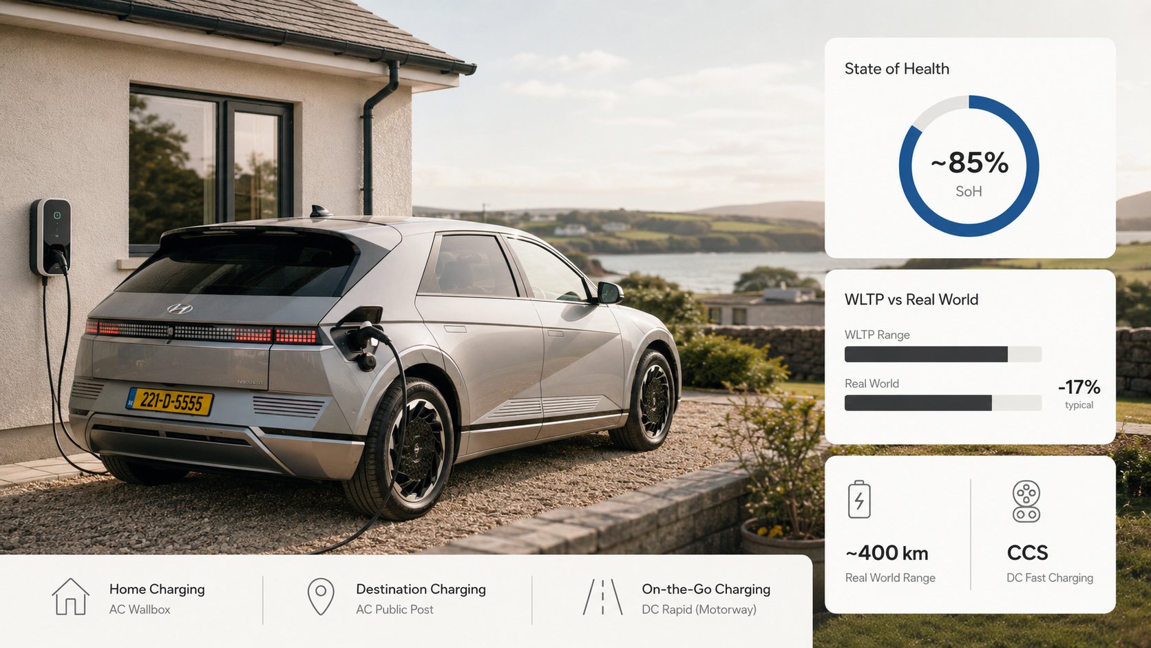A Hyundai Ioniq 5 charging in Ireland, shown in a practical used-buyer context with clear home AC charging, public AC de