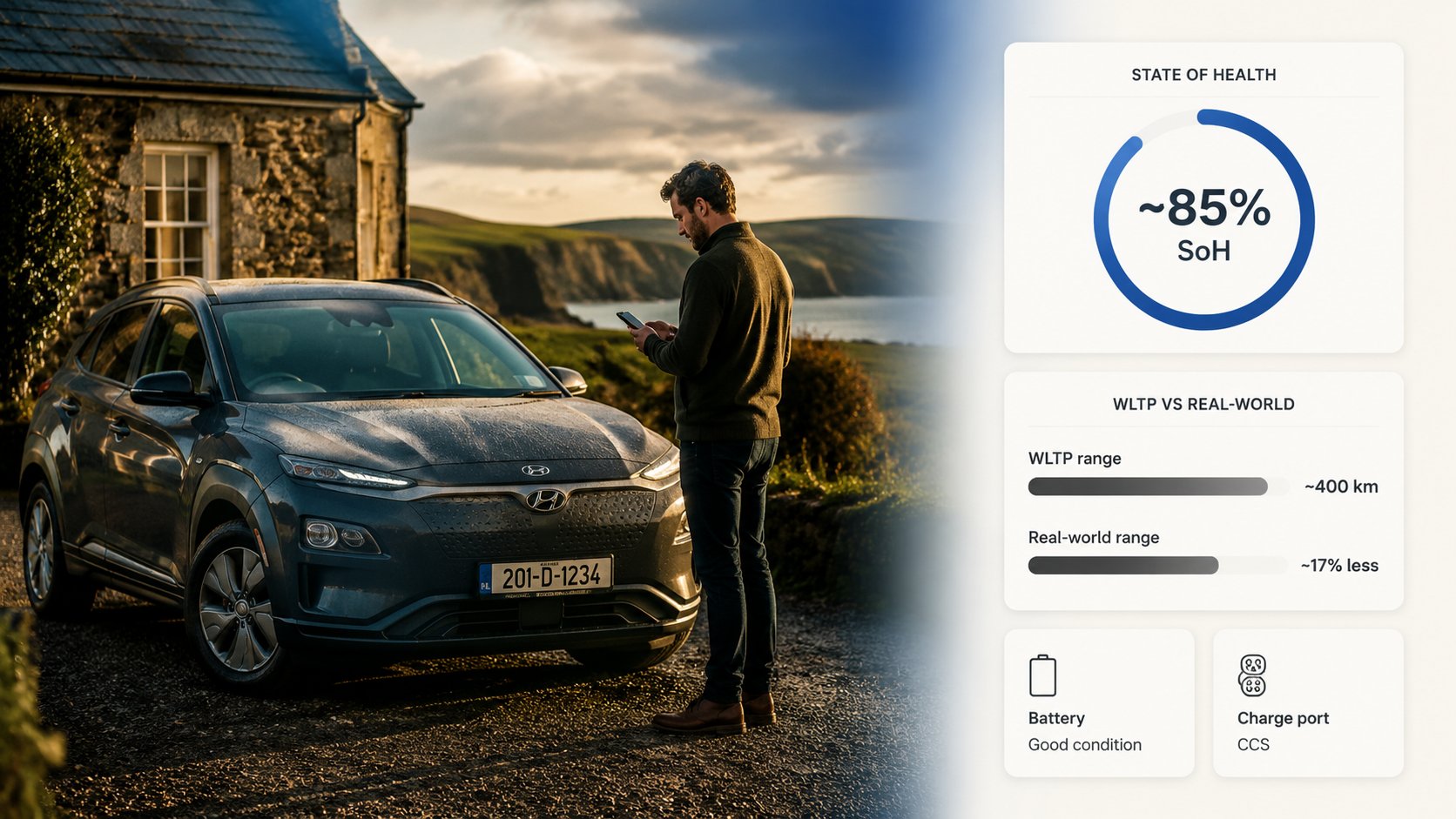 A used Hyundai Kona Electric parked in Ireland during daylight, with a buyer inspecting the car beside it while viewing
