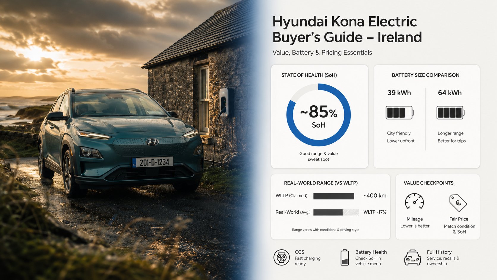 An infographic for a used Hyundai Kona Electric buyer's guide in Ireland, focused on resale value, battery size differen