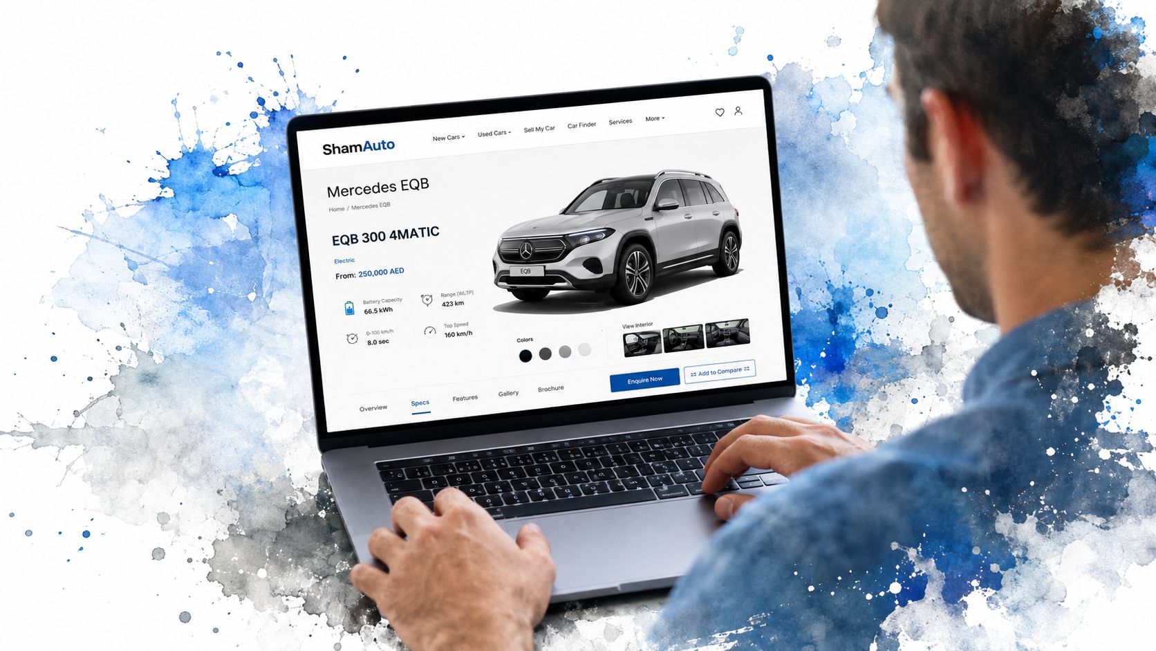 A person using a laptop to browse the ShamAuto website for a Mercedes EQB 300 4MATIC electric car.