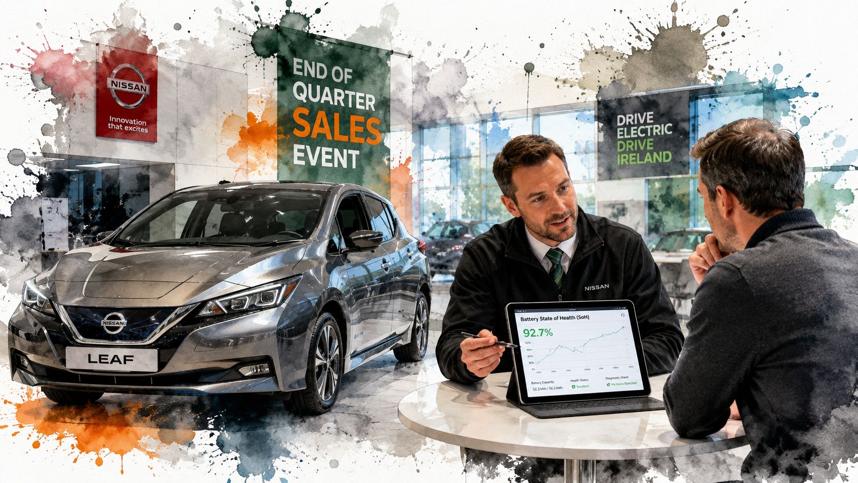 A Nissan salesman showing a customer battery health data for a Nissan Leaf at a car dealership.