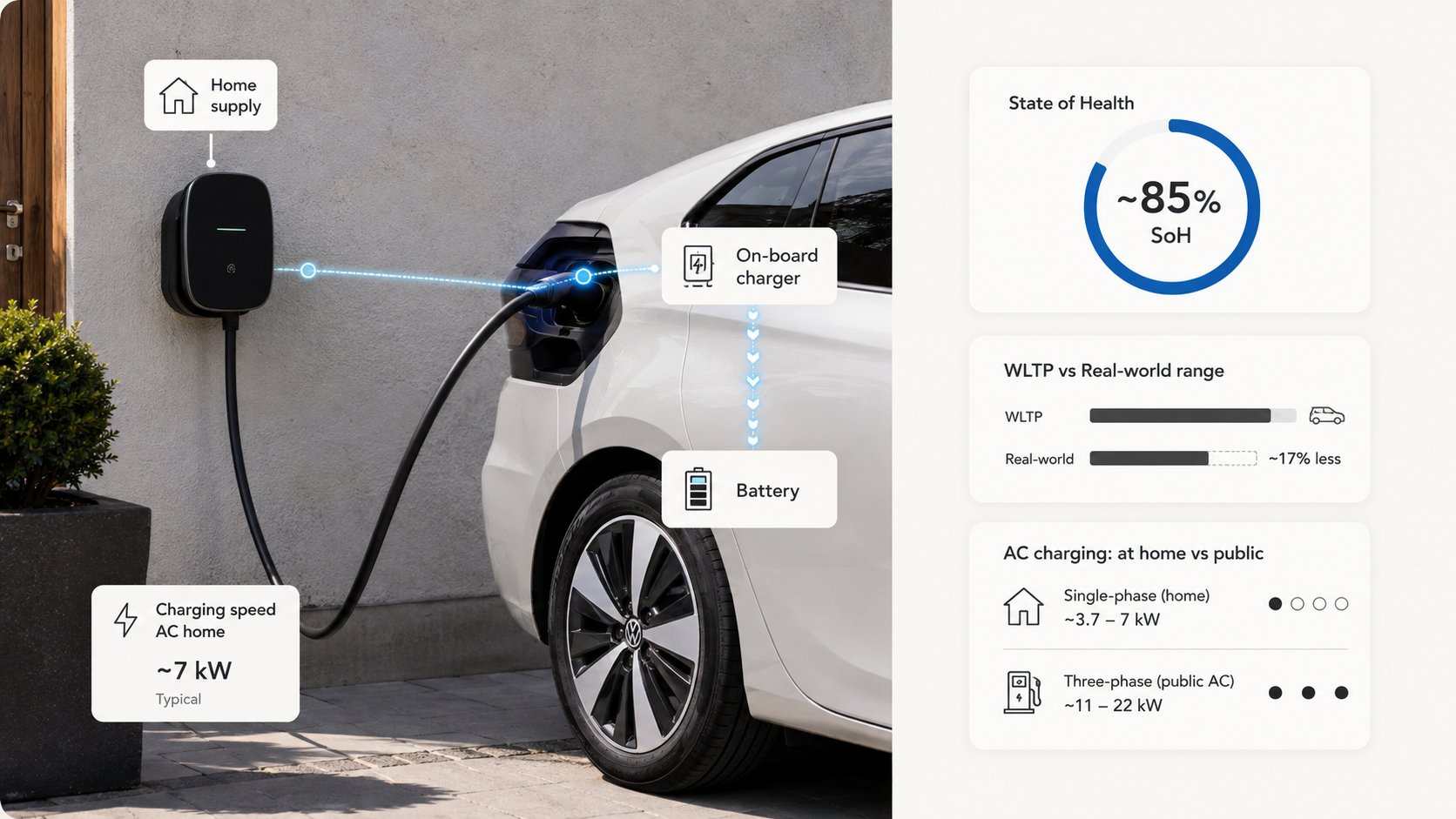 An electric vehicle charging at home beside a wallbox, with a clear visual comparison showing AC charging flow through t