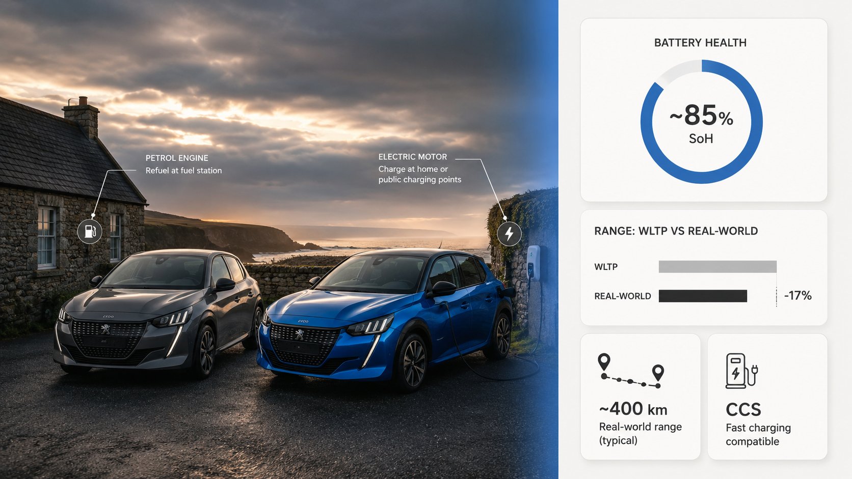 A clear side-by-side comparison scene of a Peugeot 208 petrol hatchback and a Peugeot e-208 electric hatchback, showing
