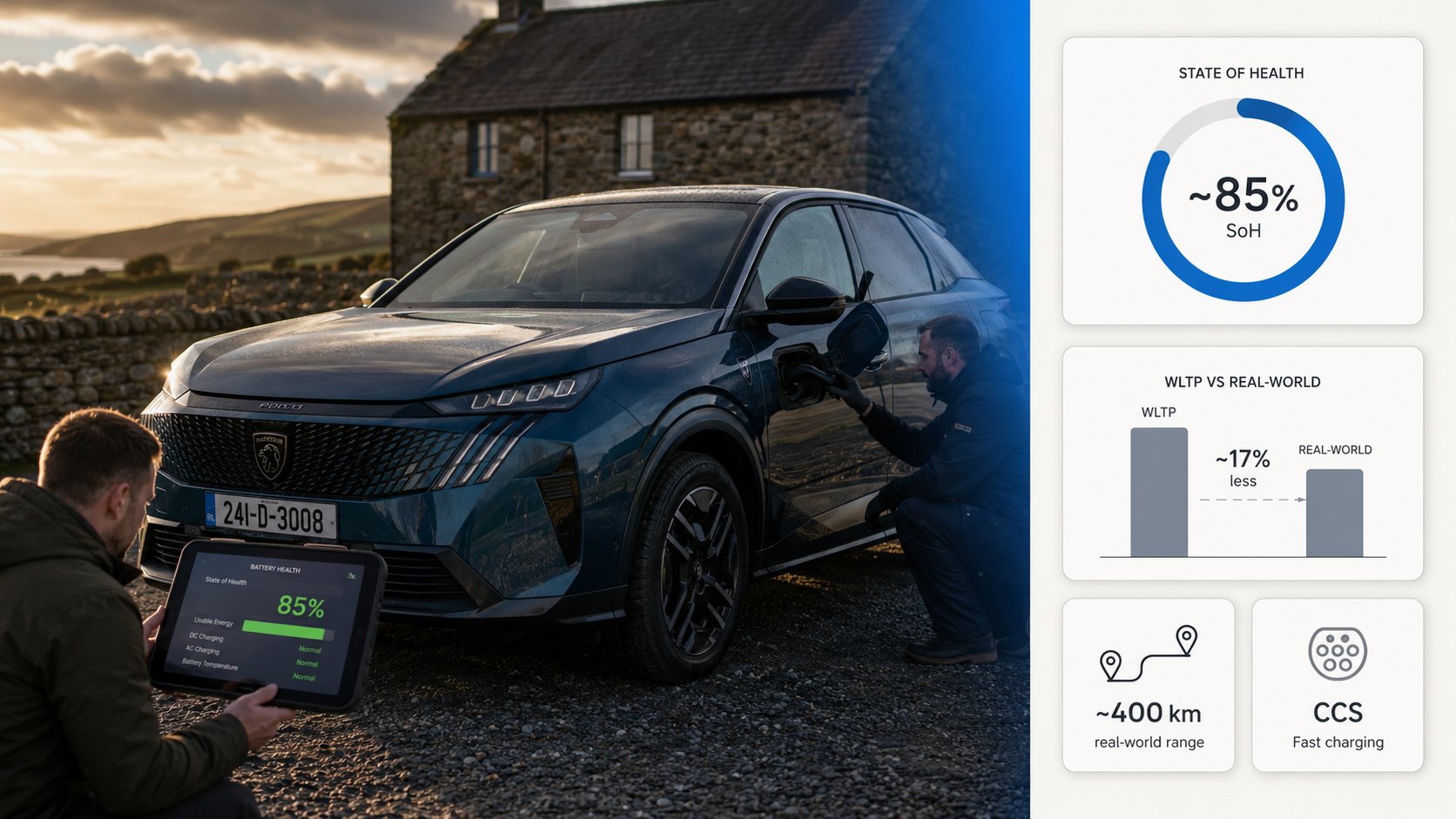 A practical pre-purchase inspection scene for a used Peugeot E-3008 electric SUV in Ireland, showing a buyer and technic
