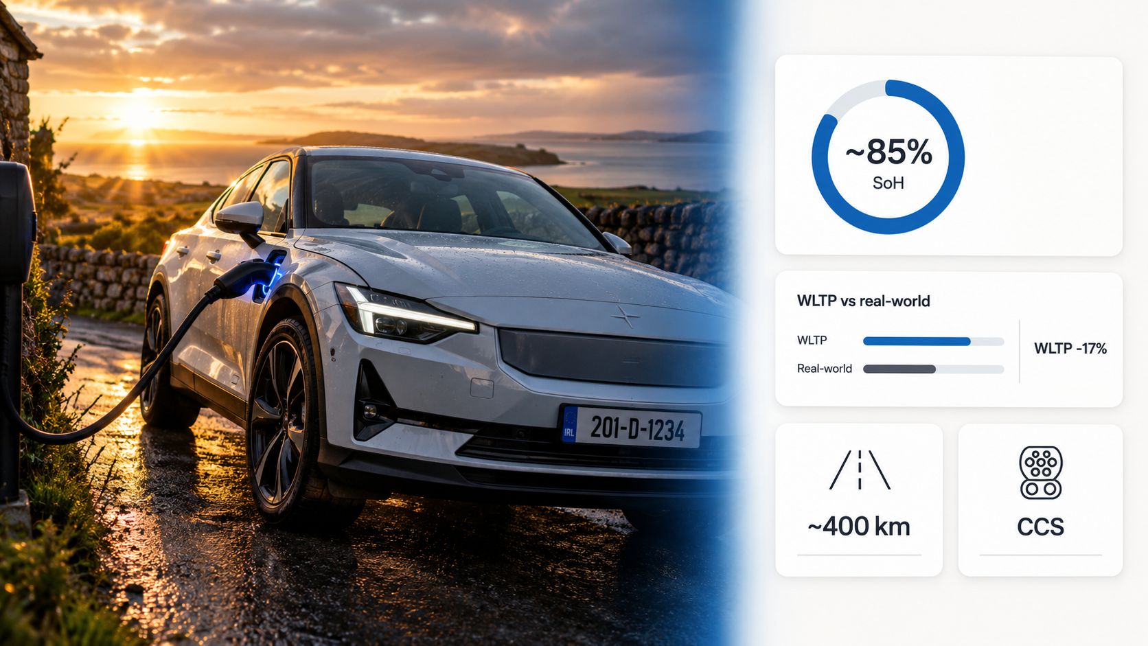 A silver Polestar 2 electric vehicle charging at a scenic sunset location in Ireland with charging statistics.