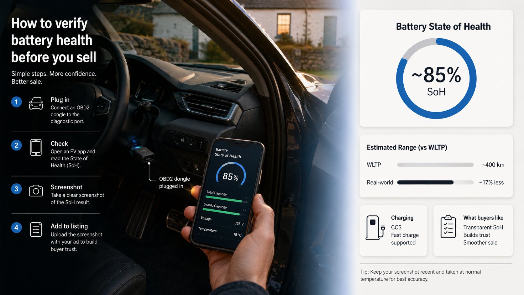 A clear infographic for used EV sellers showing how to verify battery health before a private sale in Ireland. Include a