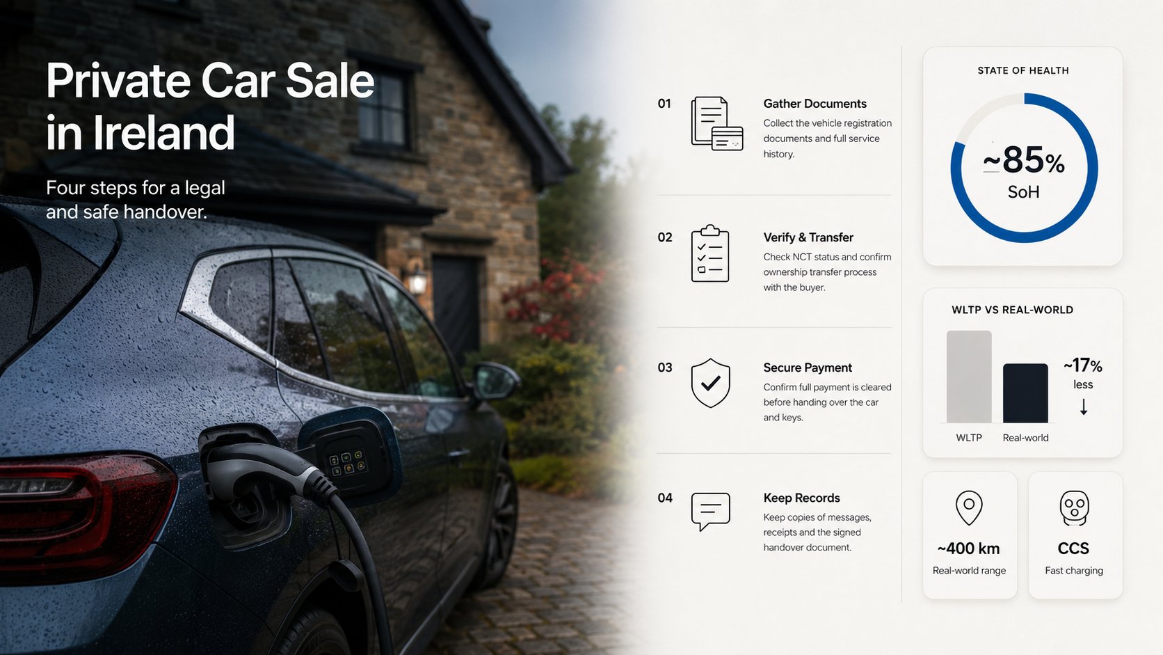 An infographic for a private car sale in Ireland showing four clear legal and administrative steps: gather vehicle regis