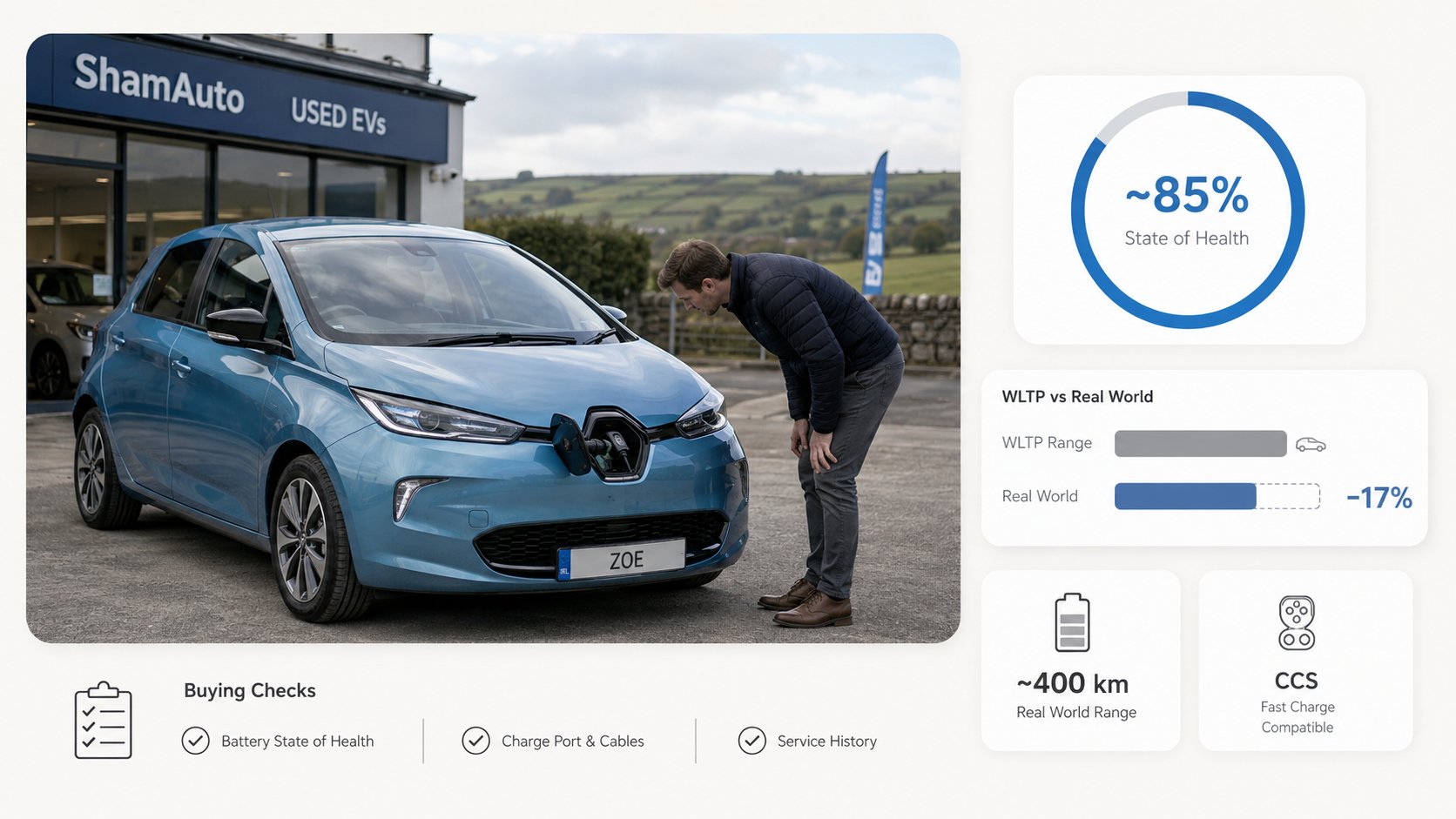 A realistic scene of a used blue Renault Zoe electric car parked outside an Irish dealership, with a buyer inspecting th