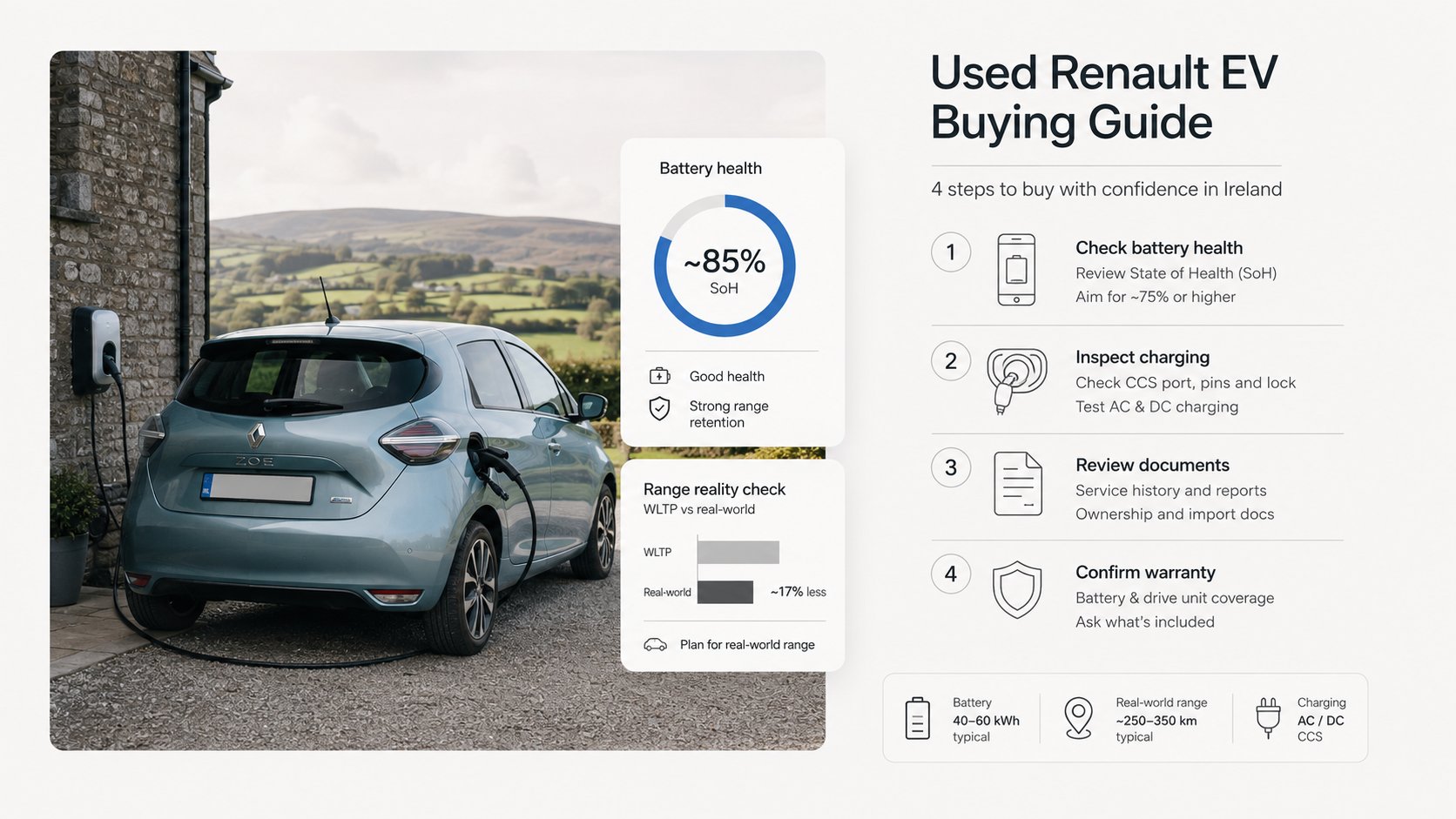 A practical four-step buying guide scene for a used Renault electric car in Ireland, showing a buyer reviewing battery h