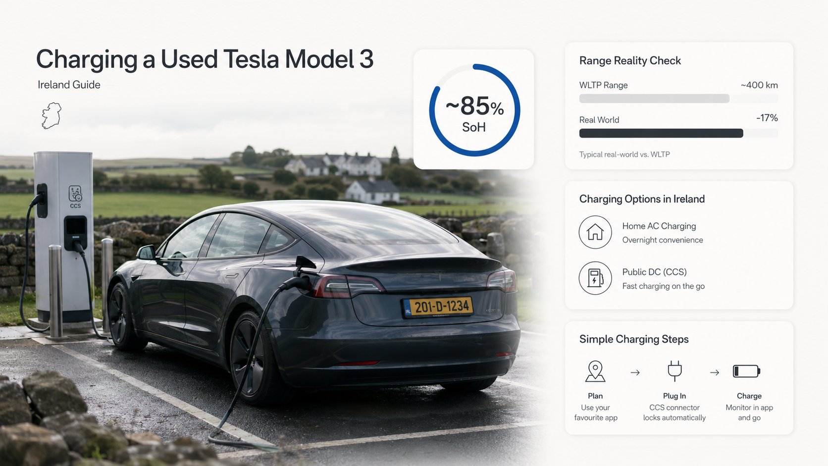 A clear infographic for charging a used Tesla Model 3 in Ireland, showing a Tesla Model 3 at a public CCS2 charger, simp