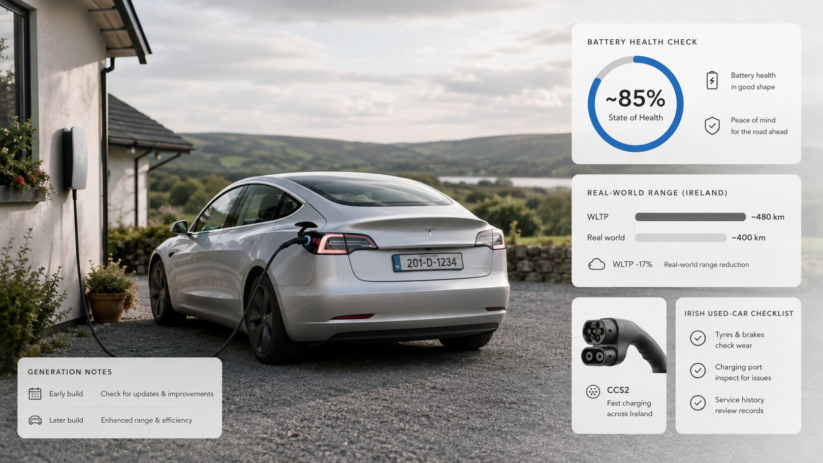 A clear infographic for a used Tesla Model 3 buyer in Ireland, showing a silver Tesla Model 3, a battery health check pa