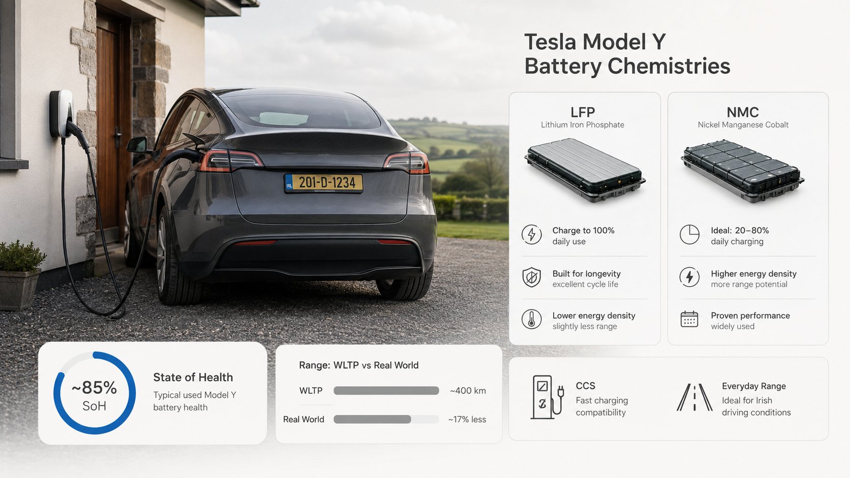 A clear visual comparison of Tesla Model Y battery chemistries for used EV buyers in Ireland, showing LFP versus NMC wit