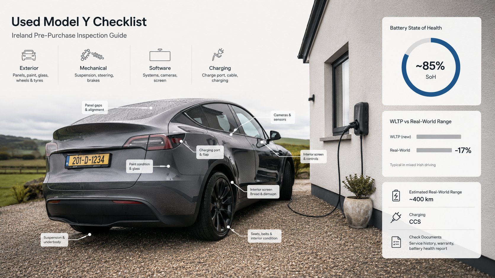 A practical inspection checklist image for a used Tesla Model Y buyer in Ireland, showing a grey Tesla Model Y during a