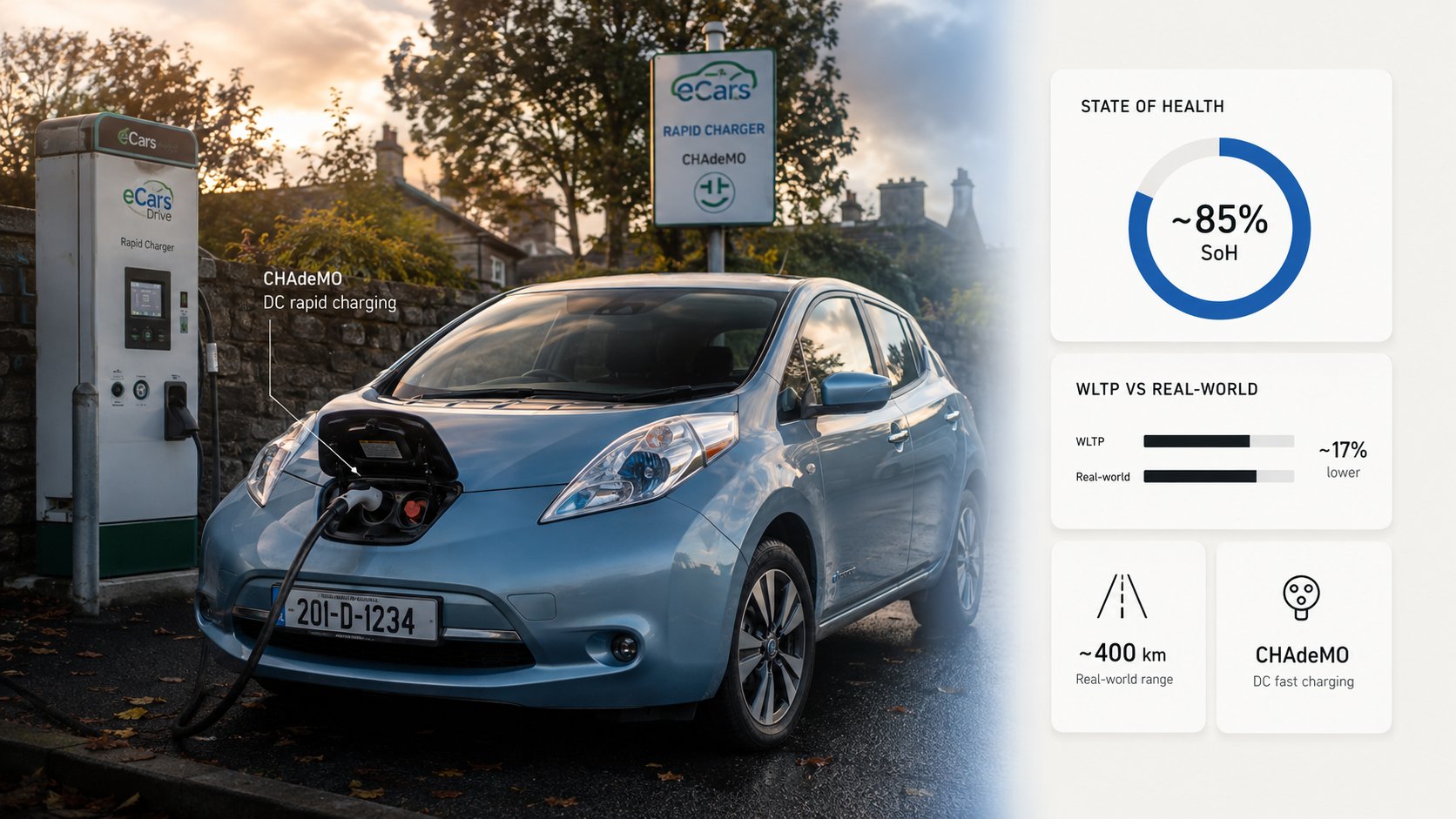 A second-generation Nissan Leaf parked at an Irish public charging site, with the CHAdeMO charging port clearly visible,