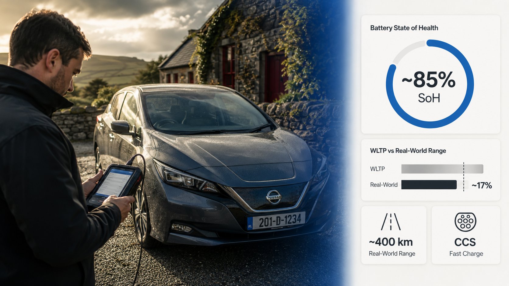 A close inspection of a used Nissan Leaf in Ireland, with a buyer or technician checking battery health on a diagnostic