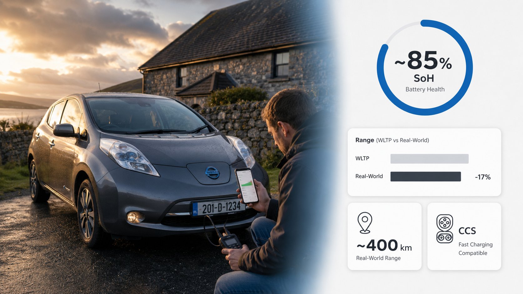 A used Nissan Leaf parked in an Irish residential setting while a buyer checks battery health on a smartphone and diagno