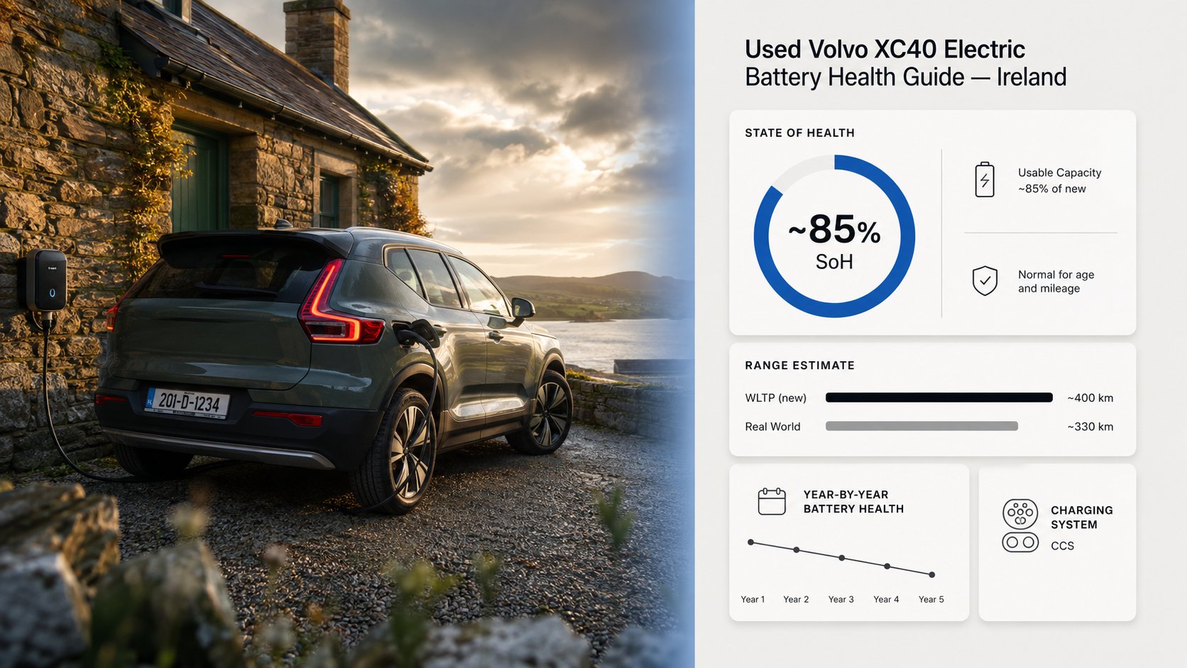 An informative battery health graphic for a used electric Volvo XC40 buyer's guide in Ireland, showing a Volvo XC40 elec