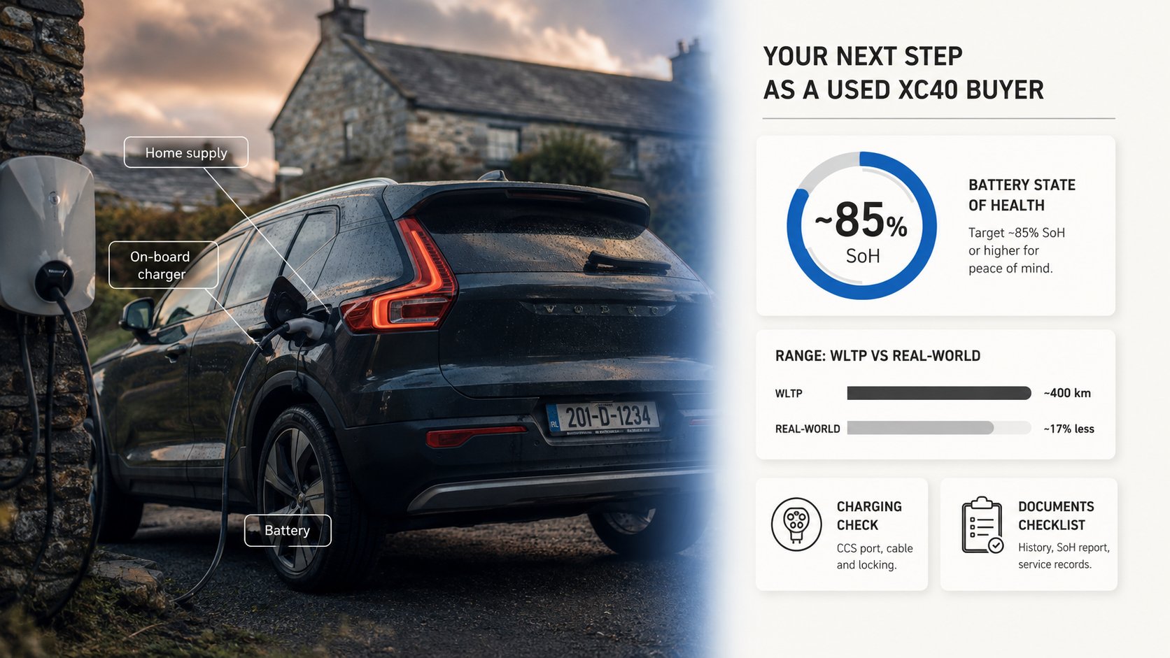 An infographic for a used electric Volvo XC40 buyer's guide in Ireland, showing a clean modern Volvo XC40 in a dealershi