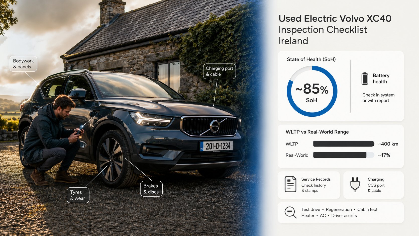 A practical inspection checklist image for a used electric Volvo XC40 buyer's guide in Ireland, showing a Volvo XC40 dur