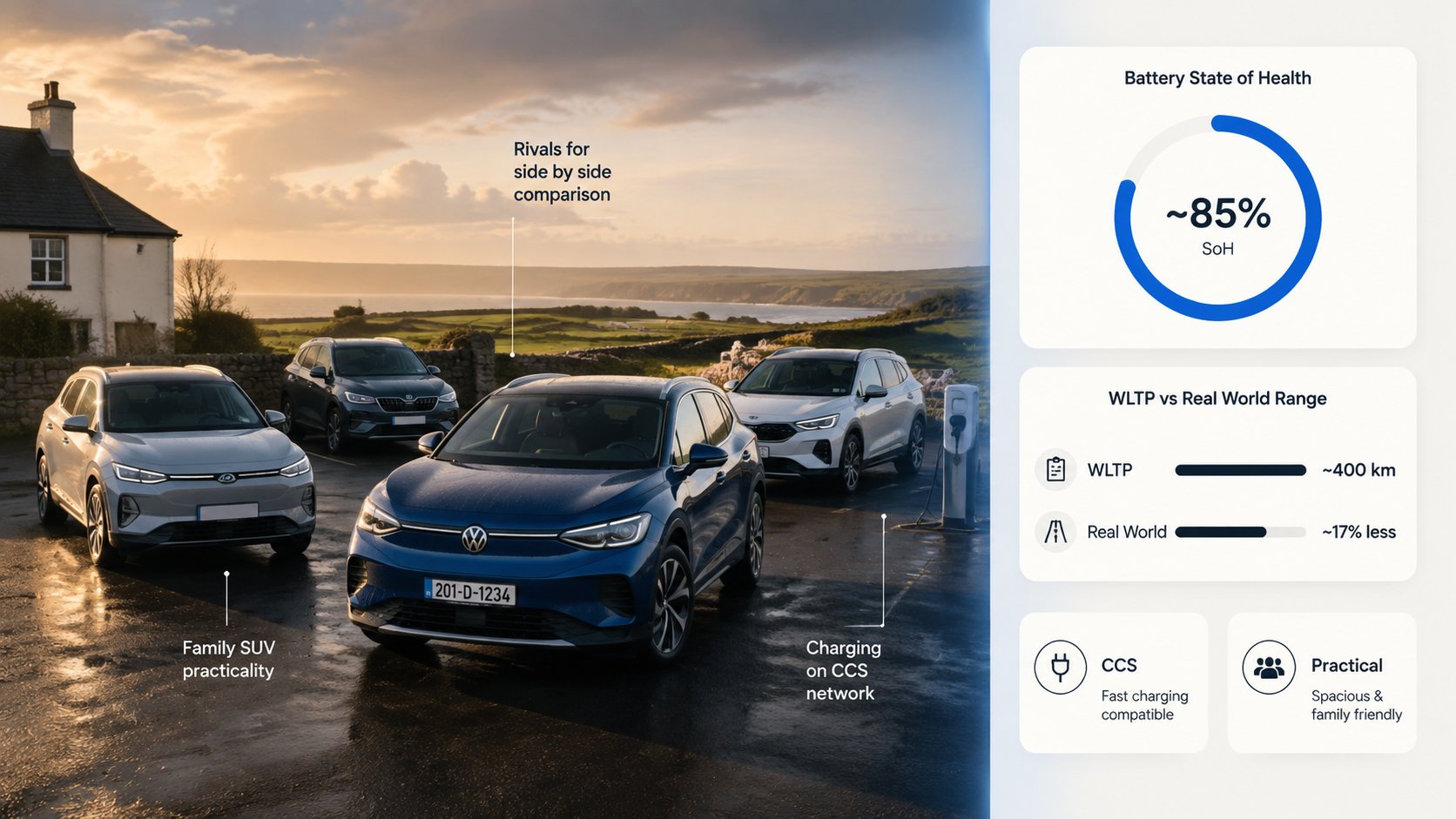 A clear comparison scene for a used electric SUV buying guide in Ireland, featuring a Volkswagen ID.4 as the central veh