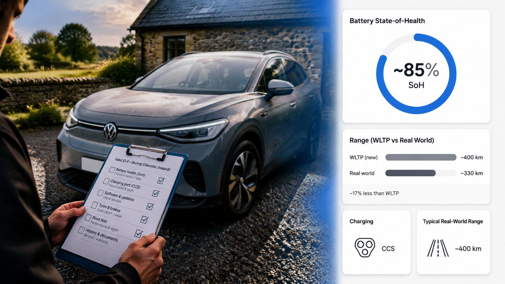 A practical buying checklist scene for a used Volkswagen ID.4 in Ireland, showing a Volkswagen ID.4 electric SUV during 
